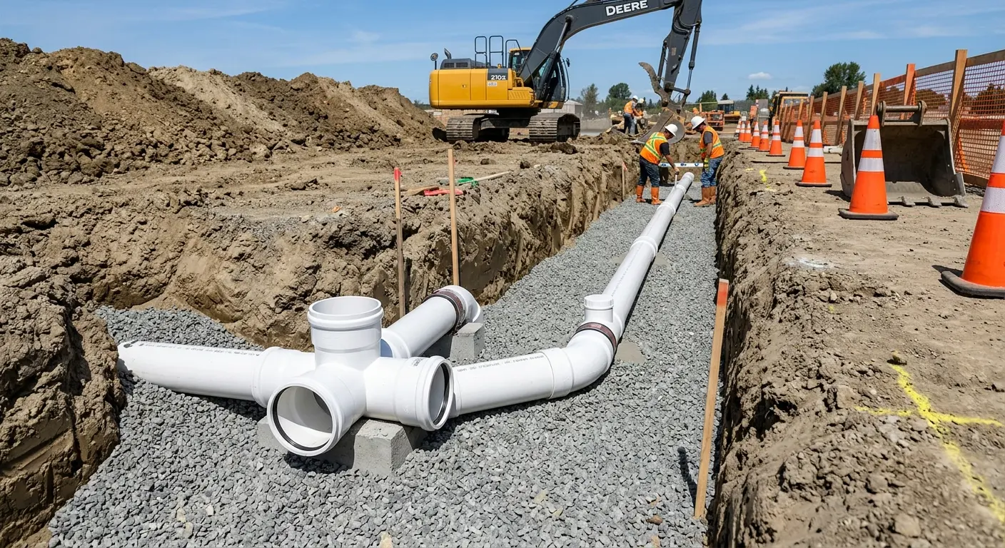 New PVC sewer pipe installation in open trench for Sewer Backup in South Londonderry