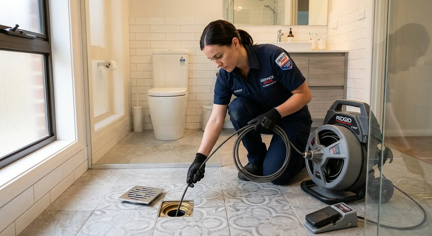 Technician clearing a bathroom floor drain for Sewer Line Replacement in South Londonderry